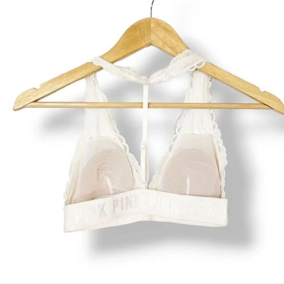 Victoria's Secret Pink Lace T-Strap Logo Bralette in Ivory Size Small - Picture 4 of 14